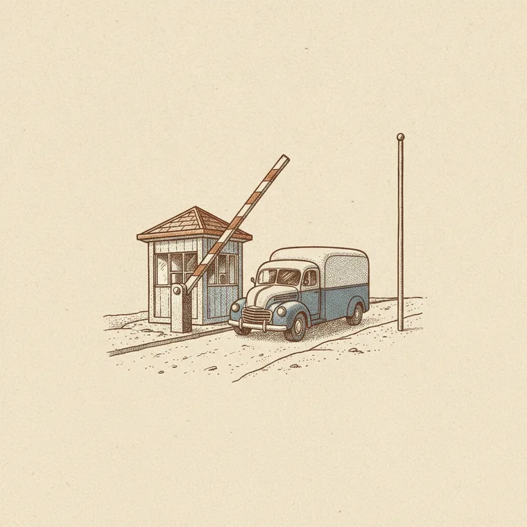 Briefmarken-Illustration: Grenzhäuschen mit Schlagbaum — Beiladung in die Schweiz, Beiladung Lörrach