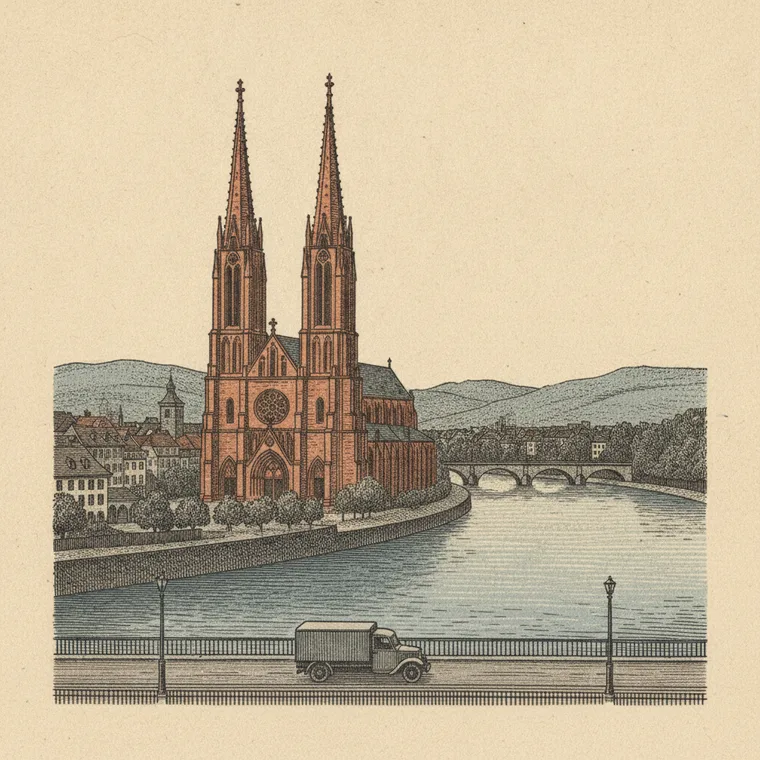 Briefmarken-Illustration: Basler Münster über dem Rheinknie — Beiladung Lörrach ↦ Basel