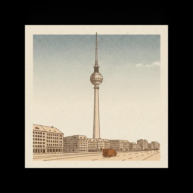 Briefmarken-Illustration: Berliner Fernsehturm — Beiladung Lörrach ↦ Berlin