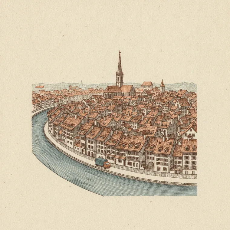 Briefmarken-Illustration: Berner Altstadt-Silhouette über der Aare — Beiladung Lörrach ↦ Bern