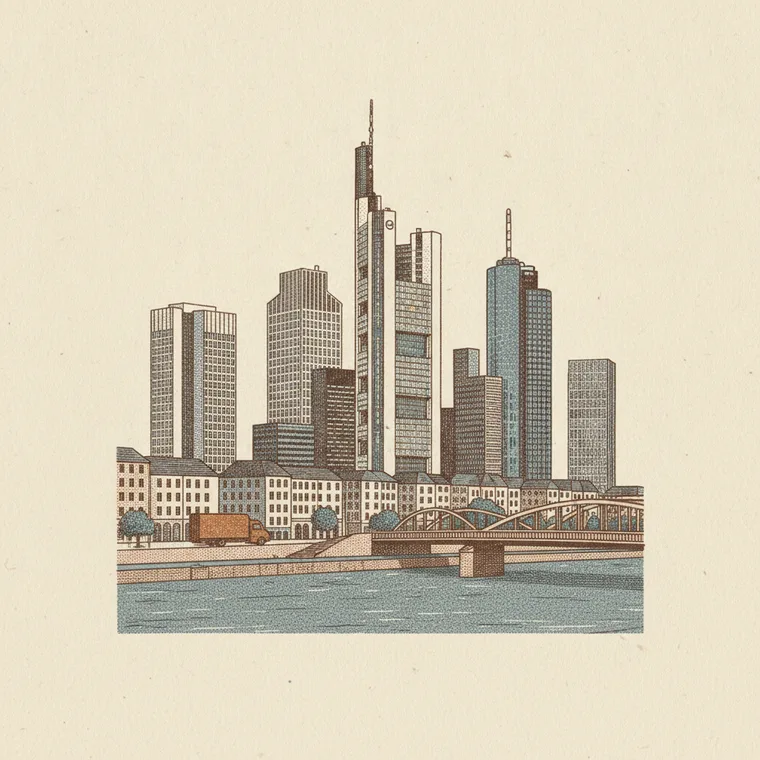 Briefmarken-Illustration: Frankfurter Skyline am Main — Beiladung Lörrach ↦ Frankfurt