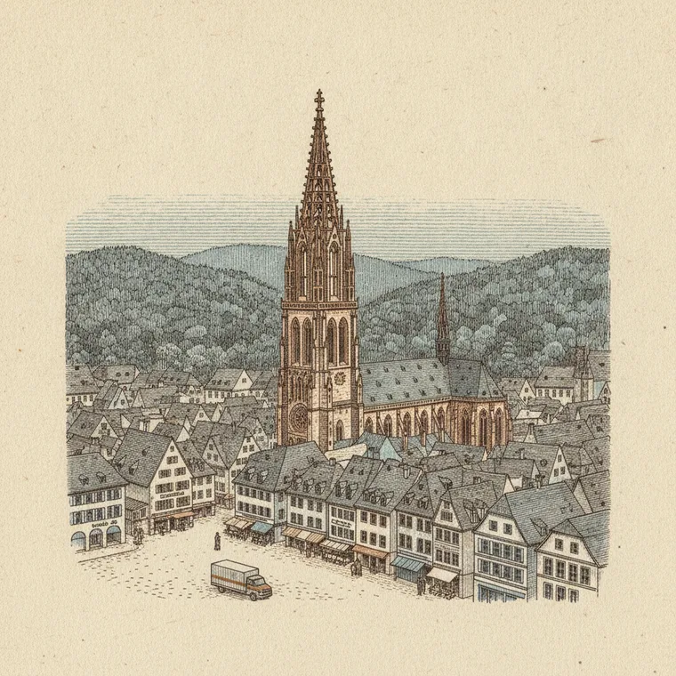 Briefmarken-Illustration: Freiburger Münsterturm — Beiladung Lörrach ↦ Freiburg