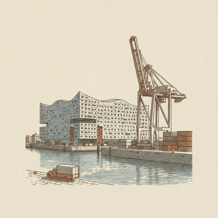 Briefmarken-Illustration: Elbphilharmonie & Hafenkran — Beiladung Lörrach ↦ Hamburg