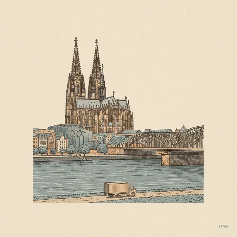 Briefmarken-Illustration: Kölner Dom — Beiladung Lörrach ↦ Köln