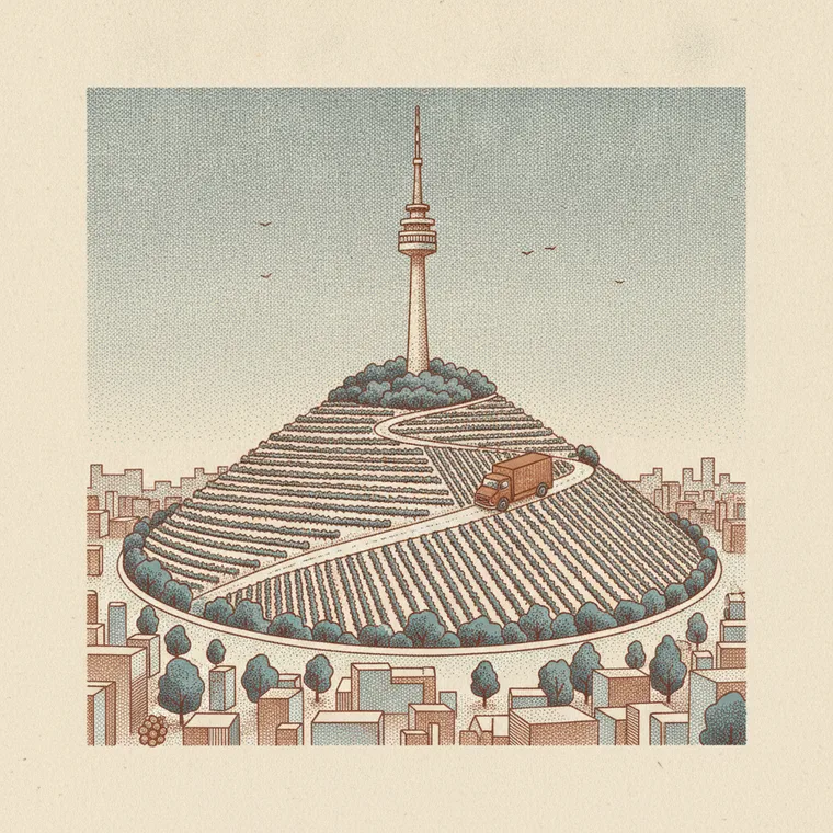 Briefmarken-Illustration: Stuttgarter Fernsehturm über dem Kessel — Beiladung Lörrach ↦ Stuttgart