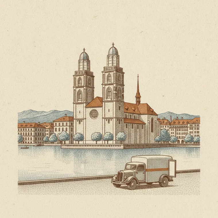 Briefmarken-Illustration: Zürcher Grossmünster am See — Beiladung Lörrach ↦ Zürich