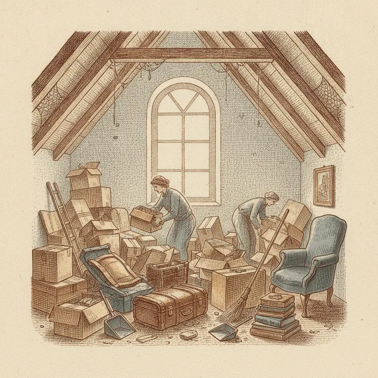 Briefmarken-Illustration: Dachboden-Fenster mit Kisten — Entrümpelung, Beiladung Lörrach