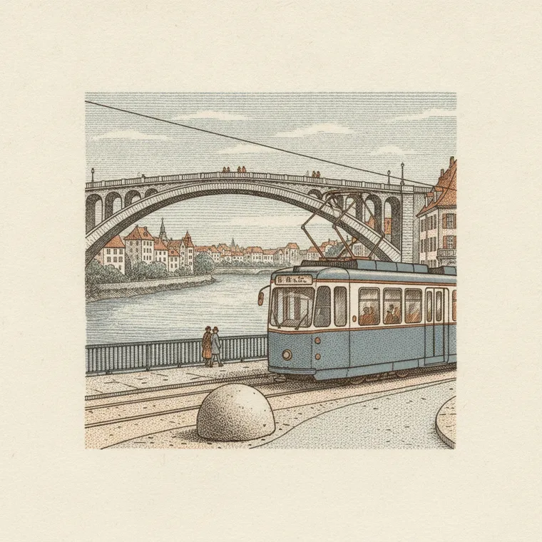 Briefmarken-Illustration: Pendler-Tram über dem Grenzstein — Grenzgänger-Umzug, Beiladung Lörrach