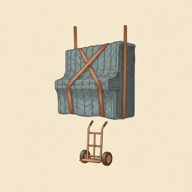 Briefmarken-Illustration: Klavier am Trage-Gurt — Klaviertransport, Beiladung Lörrach