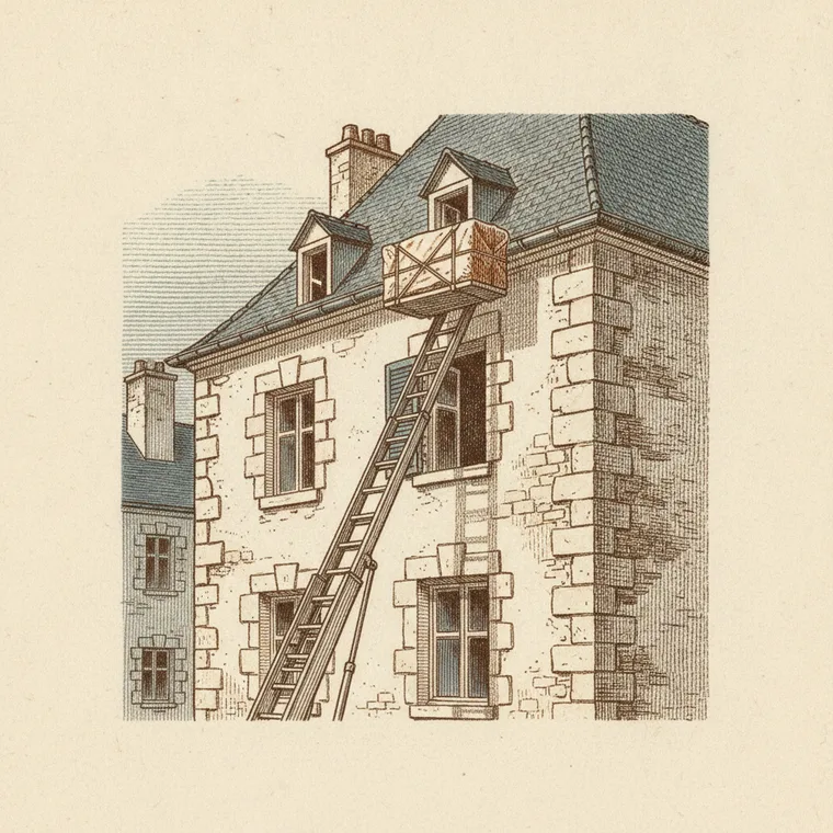 Briefmarken-Illustration: Möbellift-Leiter an der Altbaufassade — Möbellift, Beiladung Lörrach