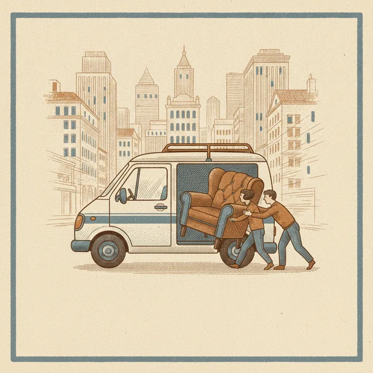 Briefmarken-Illustration: Kompaktvan mit Sessel — Möbeltaxi, Beiladung Lörrach