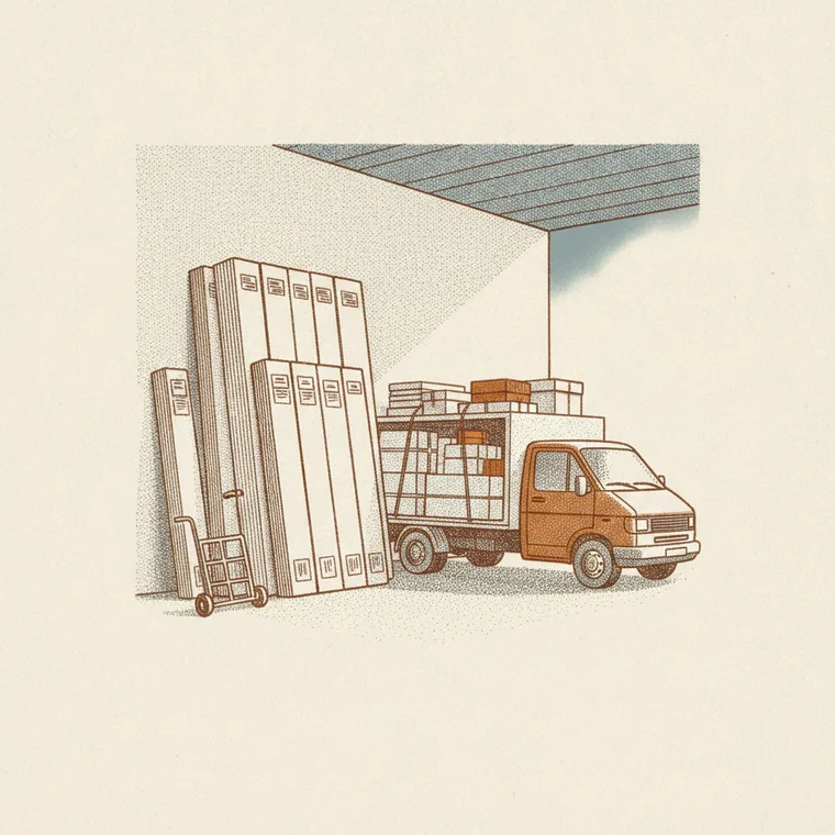 Briefmarken-Illustration: beladener Van vor Flatpack-Stapel — IKEA-Möbeltransport, Beiladung Lörrach