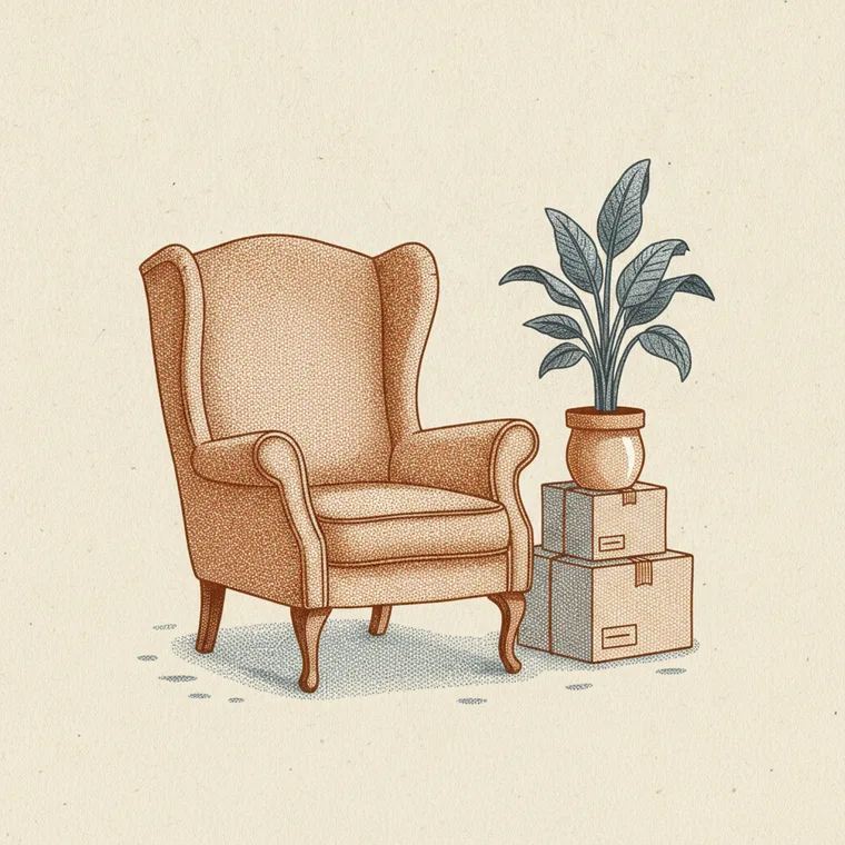 Briefmarken-Illustration: Lehnstuhl & Kartons — Seniorenumzug, Beiladung Lörrach